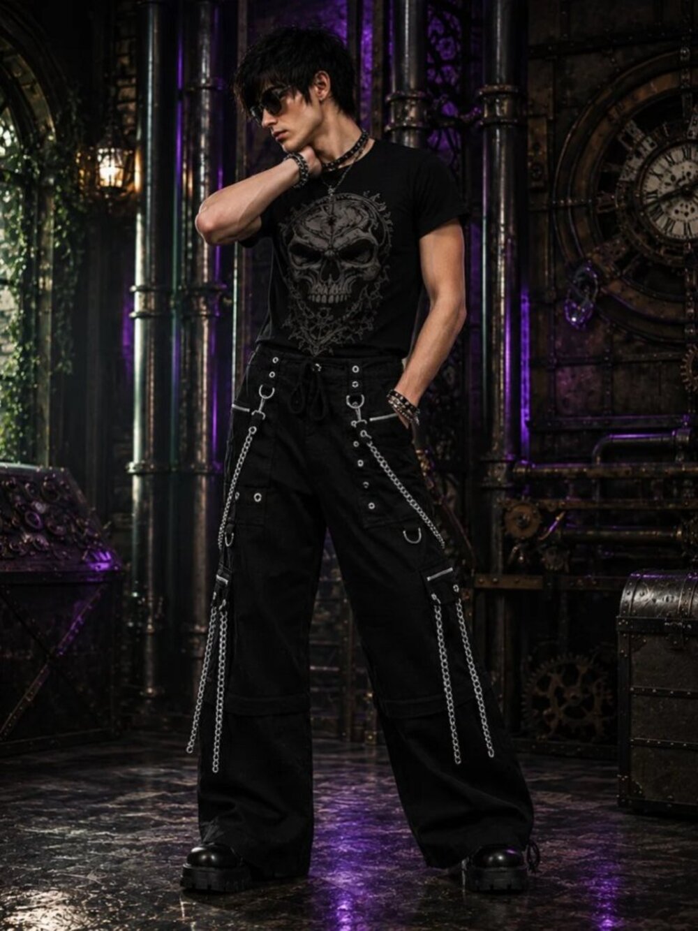 Gothic Straps Zipper Trousers Punk Rock Studs Metal Amp Chain Trouser Pants
